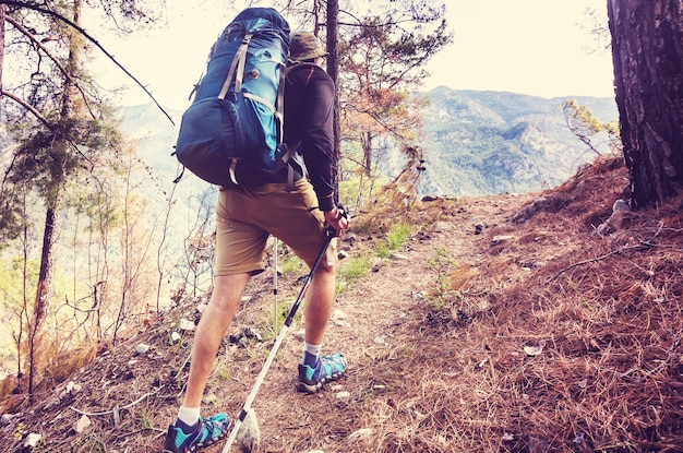 Hiking in famous Lycian Way in the Turkey. Backpacker in the trail.