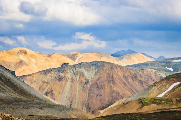 雪のある高地でのハイキング、緑の火山苔、カラフルな山、Landmannalaugar、アイスランド