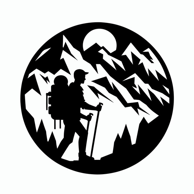 Hiking icon Silhouette of a man with a backpack in the mountains Vector illustration