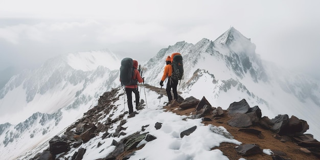 写真 冬の山をハイキングする 人々とスポーツのコンセプトと 雲の日は