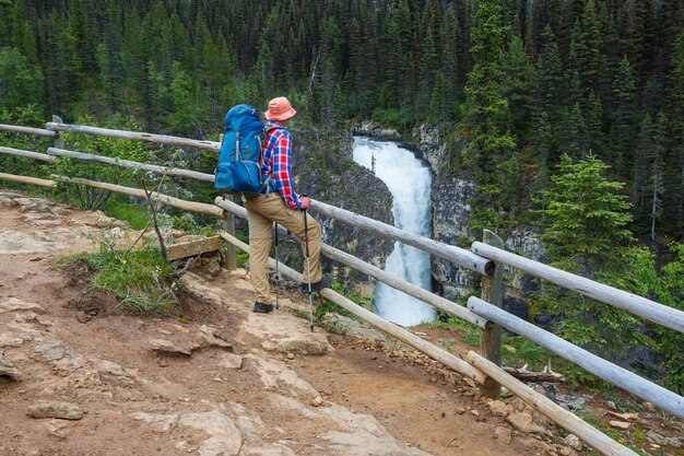 カナダの山でハイキングをする人。ハイキングは、北米で人気のあるレクリエーション活動です。