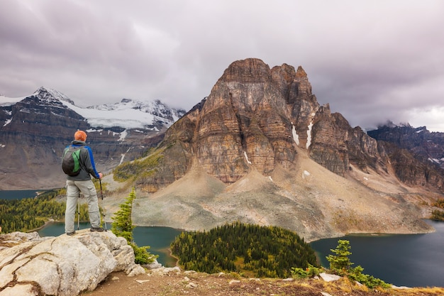 Hiking man in Canadian mountains.