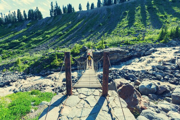 Hiking man in the mountains