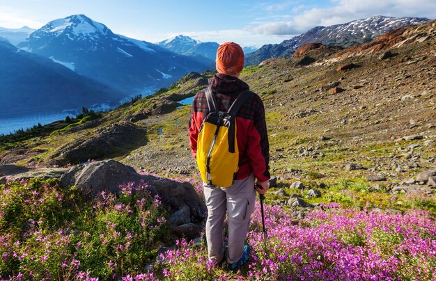 Hiking man in the mountains