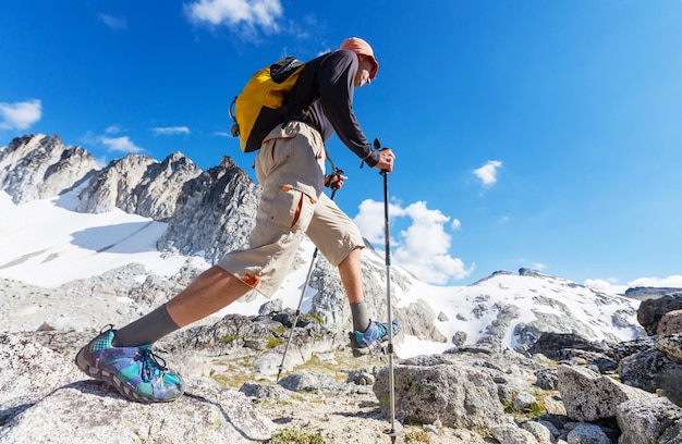 Hiking man in the mountains