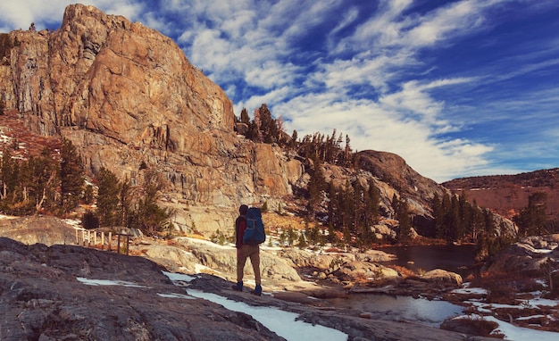 Hiking man in the mountains