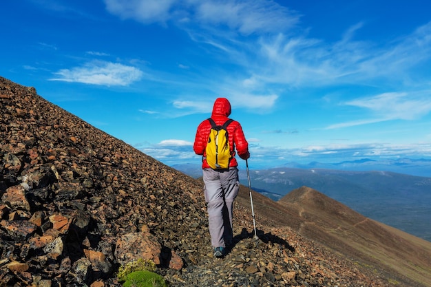 Hiking man in the mountains