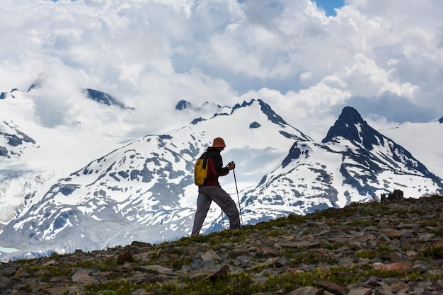 Hiking man in the mountains