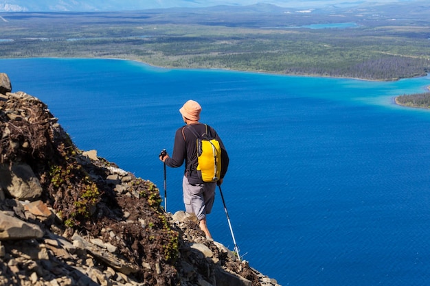 Hiking man in the mountains