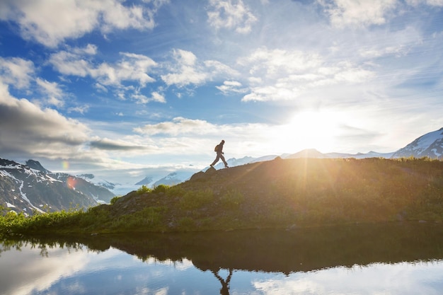 Hiking man in the mountains