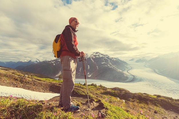 Hiking man in the mountains