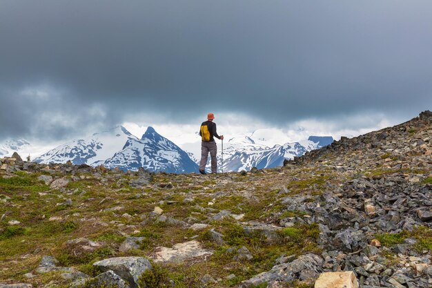 Hiking man in the mountains