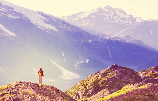 Hiking man in the mountains