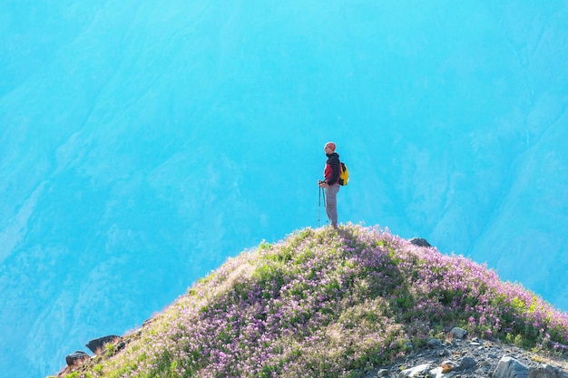 Hiking man in the mountains