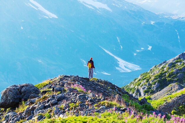 Hiking man in the mountains