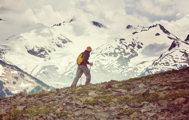 Hiking man in the mountains