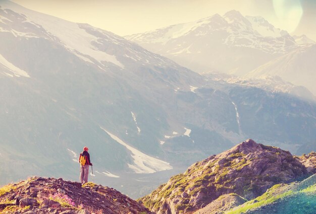 Hiking man in the mountains