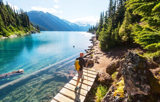 Hiking man in the mountains