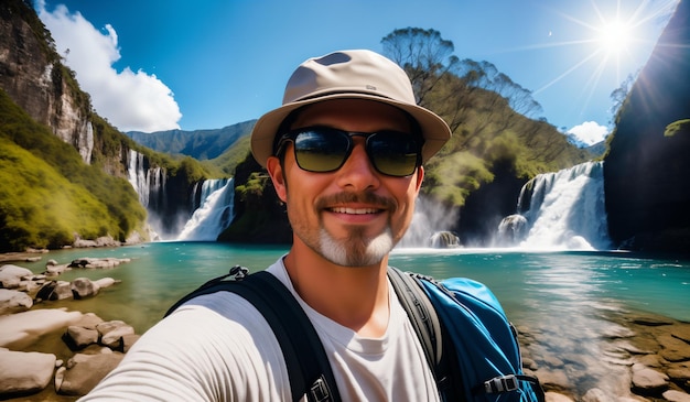 Foto uomo in escursione che scatta una selfie con la fotocamera in una bella giornata di sole