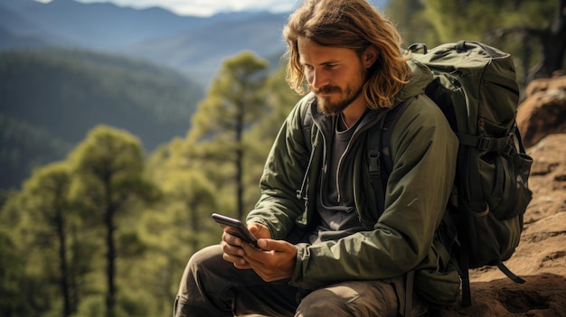 Photo hiking man using mobile phone while sitting on top of a mountain