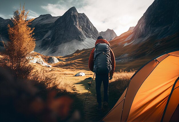 Hiking man with backpack and tent in the mountains generative ai