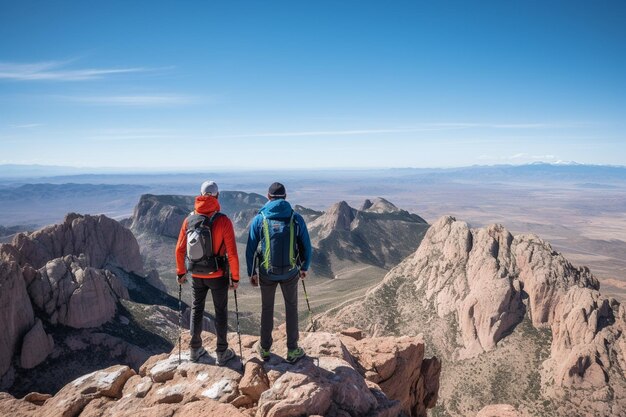 Hiking men conquer mountain peak adventure awaits