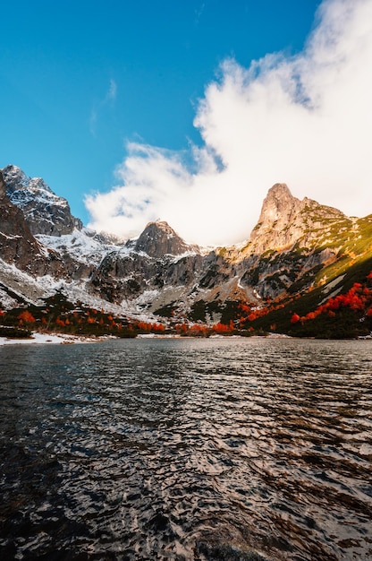 Hiking in national park high tatras hiiking from white lake to\
green lake in the mountain landscape zelene pleso slovakia