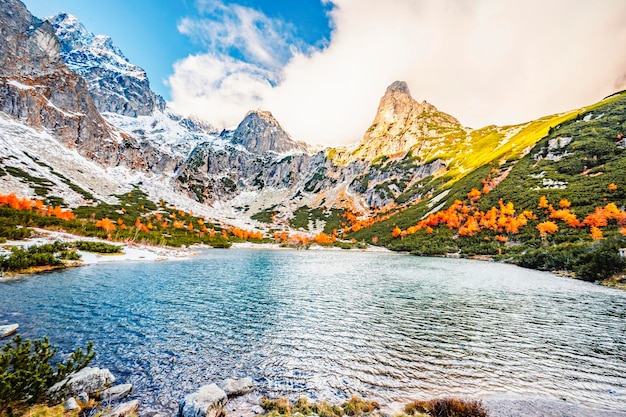 Hiking in national park High Tatras HiIking from white lake to Green lake in the mountain landscape Zelene pleso Slovakia