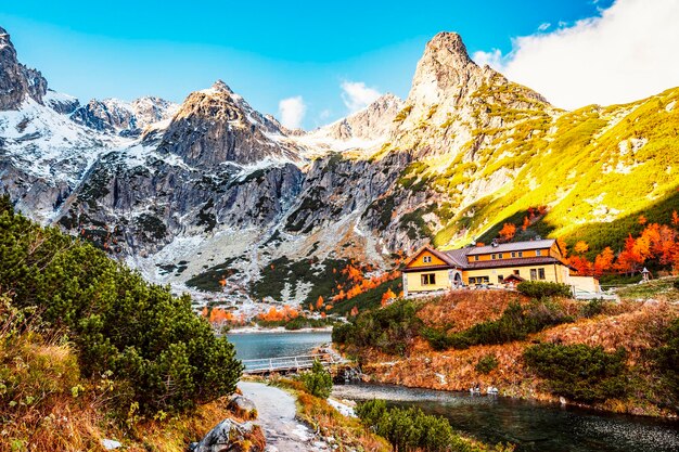 Hiking in national park high tatras hiiking from white lake to\
green lake in the mountain landscape zelene pleso slovakia