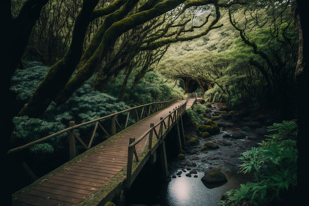 Hiking path that passes over wooden walking bridges and through a wooded forest