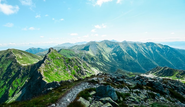 Foto sentiero escursionistico nei tatra occidentali durante l'estate con una bella vista sulla regione di liptov della valle di ziarska slovacchia