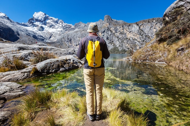 Hiking scene in Cordillera mountains, Peru