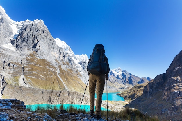 Hiking scene in Cordillera mountains, Peru