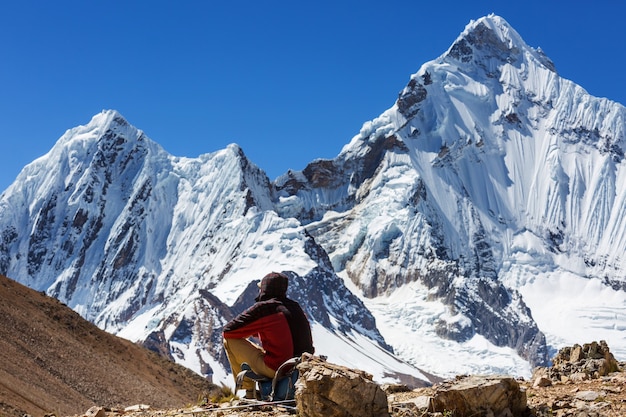 Hiking scene in Cordillera mountains, Peru