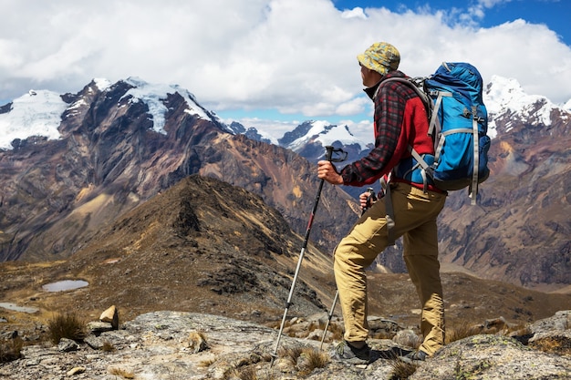 Hiking scene in Cordillera mountains, Peru