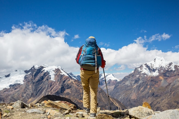 Hiking scene in Cordillera mountains, Peru