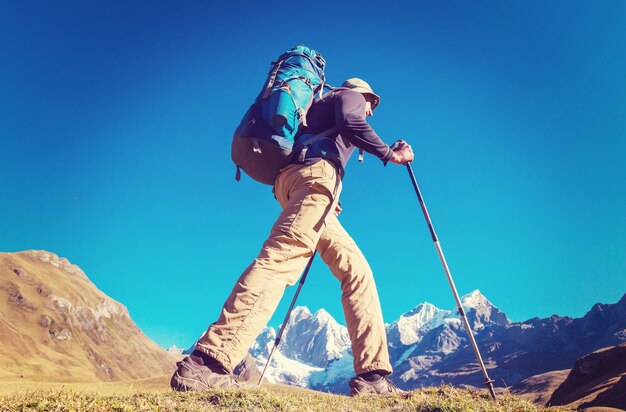 Hiking scene in cordillera mountains, peru