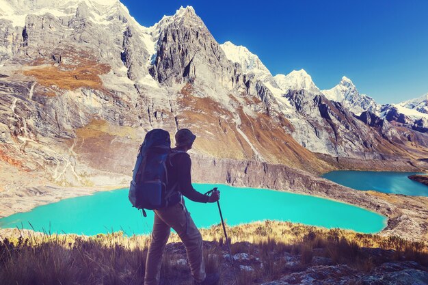 Hiking scene in Cordillera mountains, Peru