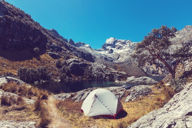 Hiking scene in Cordillera mountains, Peru