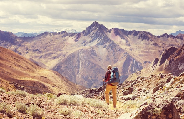 Hiking scene in Cordillera mountains, Peru