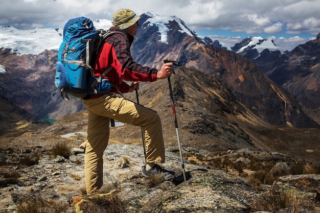 Hiking scene in Cordillera mountains, Peru