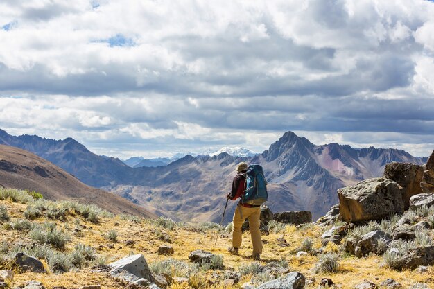 Hiking scene in Cordillera mountains, Peru