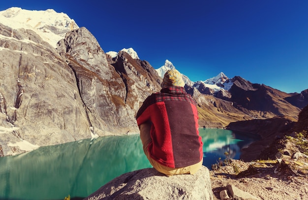 Hiking scene in Cordillera mountains, Peru