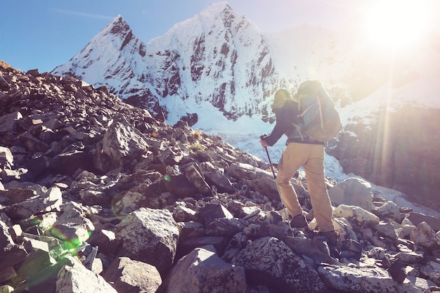 Hiking scene in Cordillera mountains, Peru