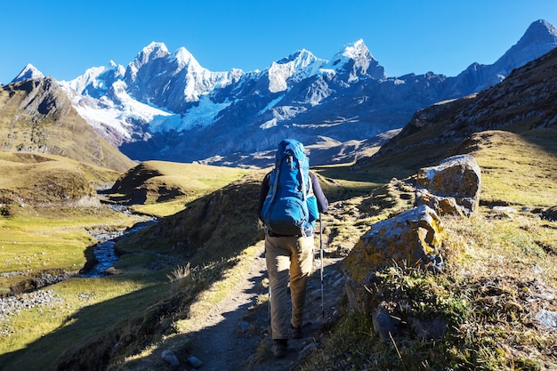 Hiking scene in Cordillera mountains, Peru