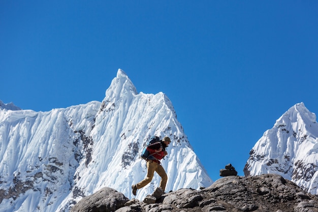 Hiking scene in Cordillera mountains, Peru