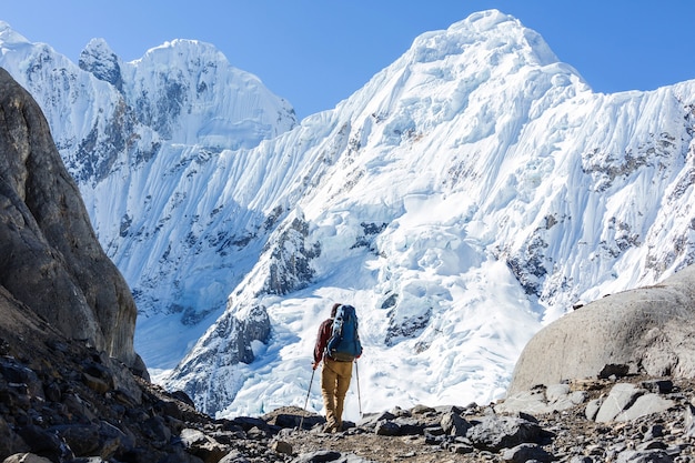 Hiking scene in Cordillera mountains, Peru