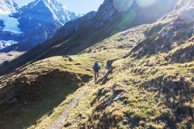 Hiking scene in Cordillera mountains, Peru