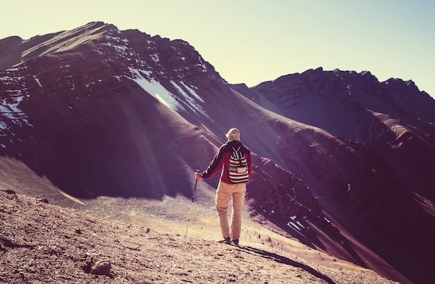 Hiking scene in Vinicunca, Cusco Region, Peru. Montana de Siete Colores,  Rainbow Mountain.