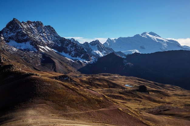 Hiking scene in Vinicunca, Cusco Region, Peru. Montana de Siete Colores,  Rainbow Mountain.